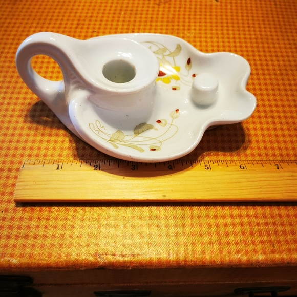 Vintage White Ceramic Hand-painted Chamberstick Candle Holder with Sunflower - Picture 12 of 13